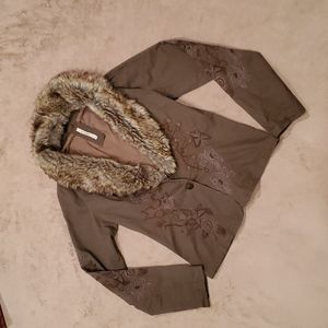 Faux Fur Trim Floral Embroidered Jacket - Taupe
